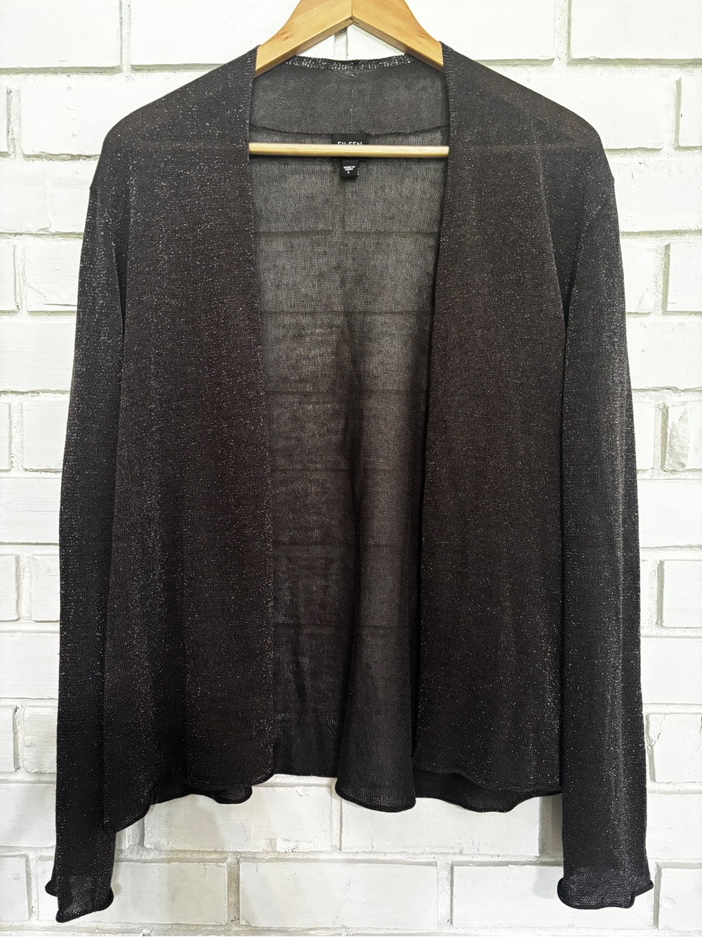 Eileen Fisher Brown Metallic Linen Open-Front Cardigan Capsule Office Sz L